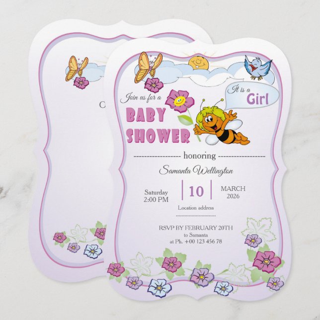 Bee Baby Shower Invitation for Girl  (Devant / Derrière)