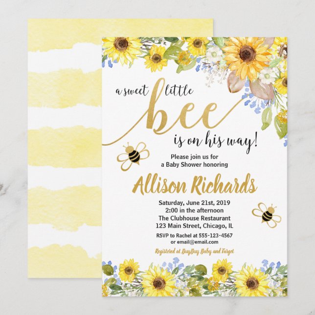 Bee baby shower invitation garçon jaune bourdon (Devant / Derrière)