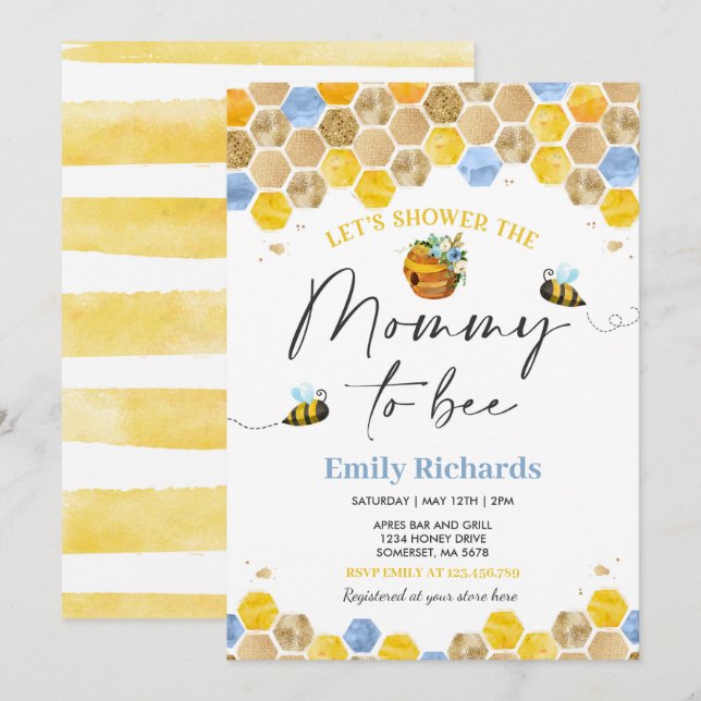 Bee Baby shower Invitation Maman Bleue À Être (Devant / Derrière)