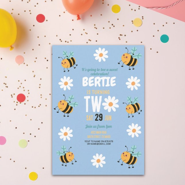 Bee Birthday Invitation Party Blue Daisy Two 2 (Créateur téléchargé)