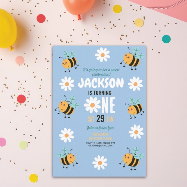 Bee Birthday Invitation Party Daisy Blue Boys (Créateur téléchargé)