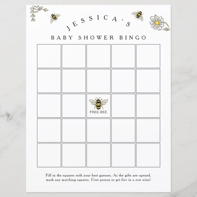 Bee Bumble Bee Baby shower Bingo Jeu (Devant)