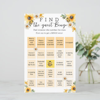 Bee Fleurs jaunes Baby shower jeu de bingo