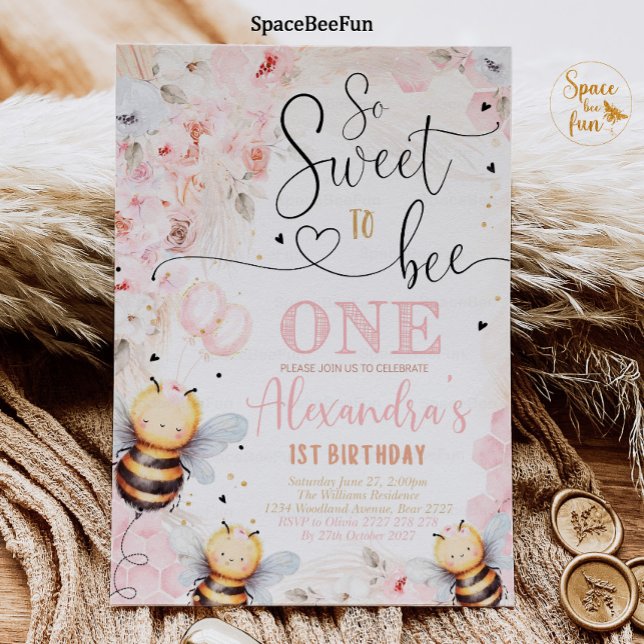 Bee Honey Invitation anniversaire Fille Bee Honey  (Bee Honey Birthday invitation Boho Pampas Grass Girl Bee Honey Party Pink So Sweet to Bee invites On)