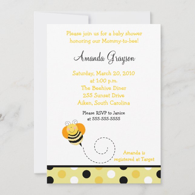 Bee Hop Bumble Bee Baby shower Invitation 5x7 (Devant)