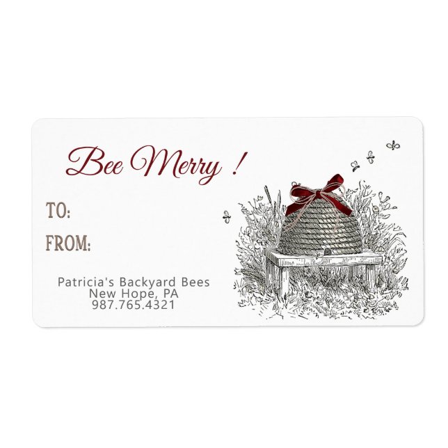 Bee Joyeux Miel Étiquette cadeau Red Bow Skep Noël (Devant)
