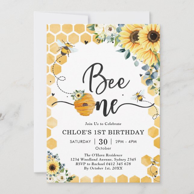Bee One Honey Bee 1st Birthday Invitation (Devant)