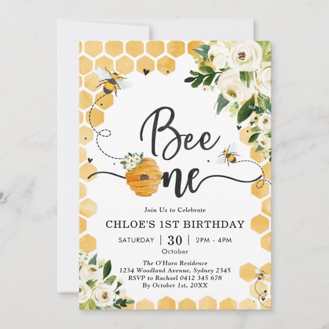 Bee One Honey Bee Floral 1st Birthday Invitation (Devant)