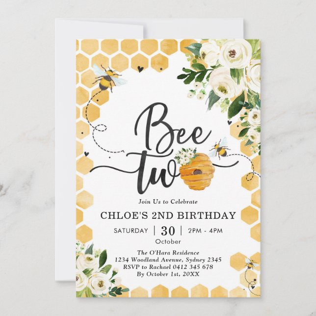 Bee Two Honey Bee 2nd Birthday Invitation (Devant)