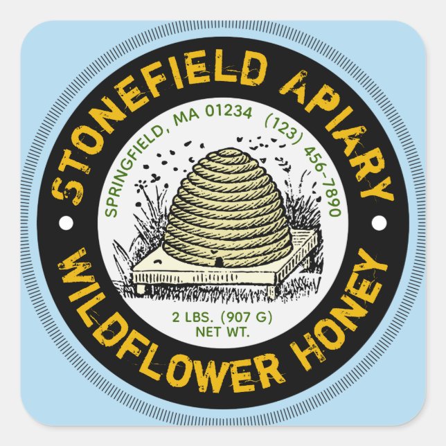 Beehive Apier Nom clair Miel Bleu Stickers Jar (Devant)