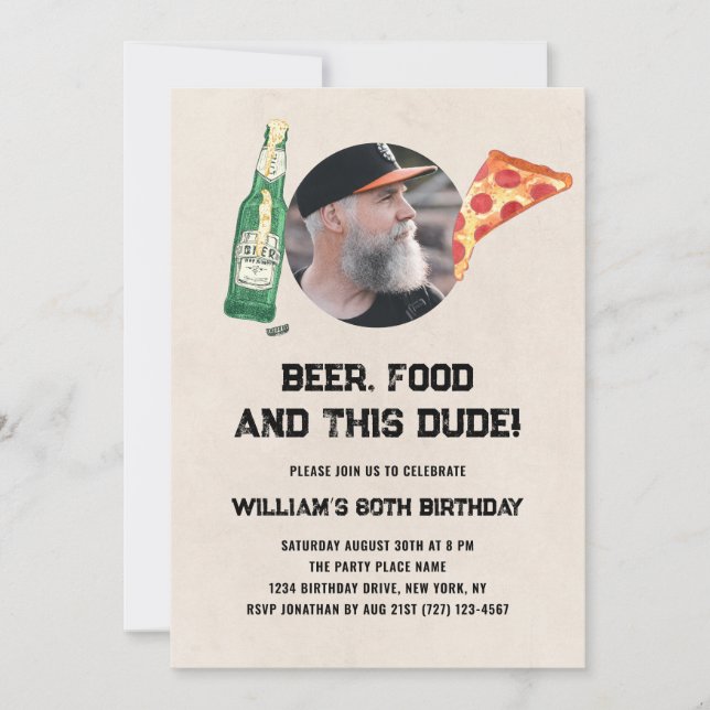 Beer Dude Photo Man Funny 80th Birthday Invitation (Devant)