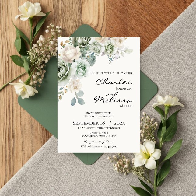 Beige and green Flowers Wedding Invitation (Créateur téléchargé)
