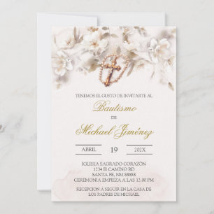 Beige blanc floral espagnol baptême Invitation