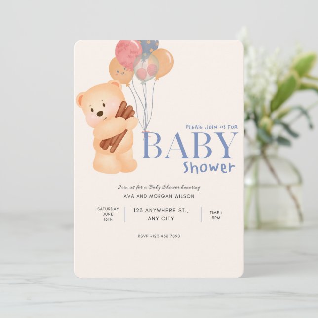Beige Bleu mignon Ours Baby shower Invitation (Debout devant)
