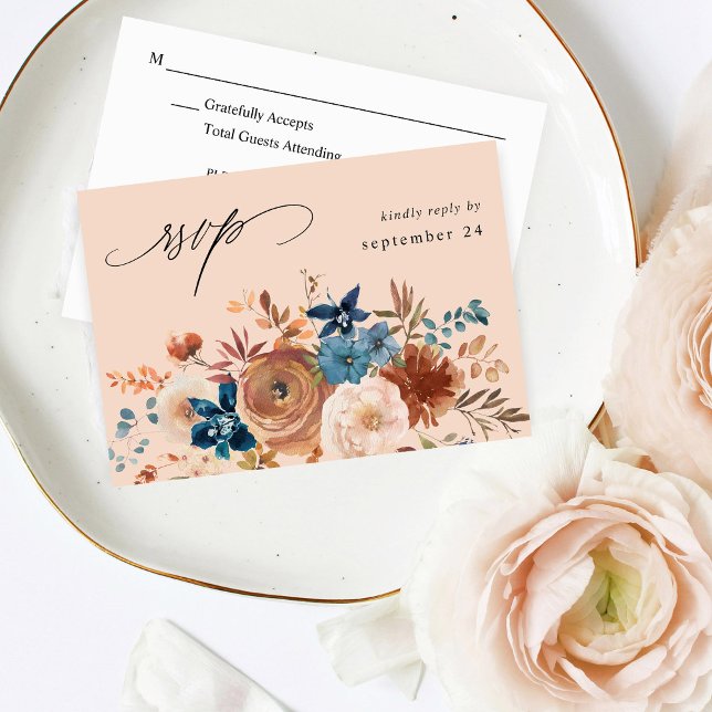 Beige & Bleu Poussiéreux Floral avec RSVP de repas (Créateur téléchargé)