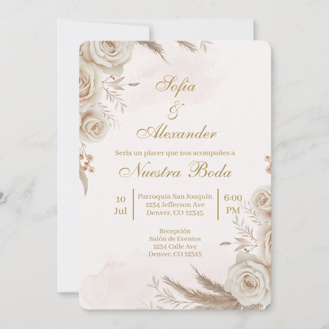 Beige Boho floral Spanish Wedding Invitation (Devant)