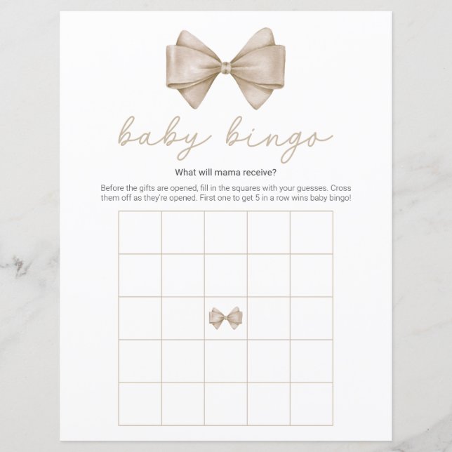 Beige Bow Baby shower moderne Jeu de Bingo (Devant)