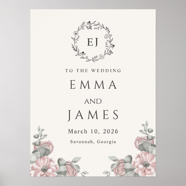 Beige chic Flowery Mariage Affiche de bienvenue (Devant)