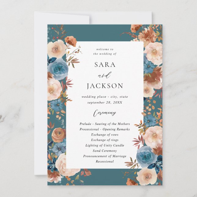 Beige & Dusty Blue Floral Wedding Programme - Turq (Devant)