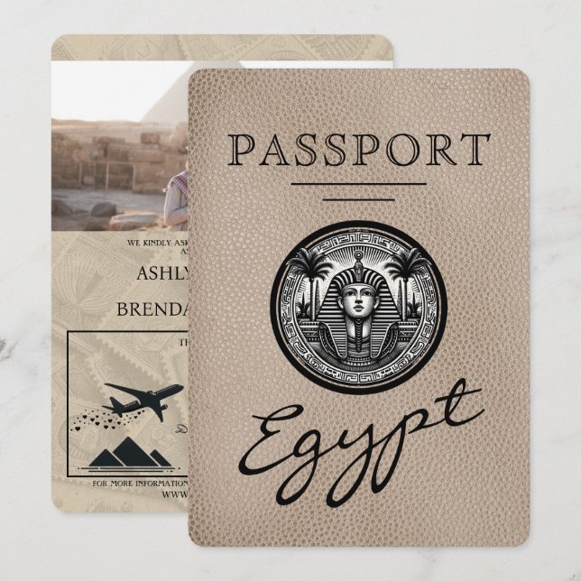 Beige Egypt Passport Wedding Invitation (Devant / Derrière)