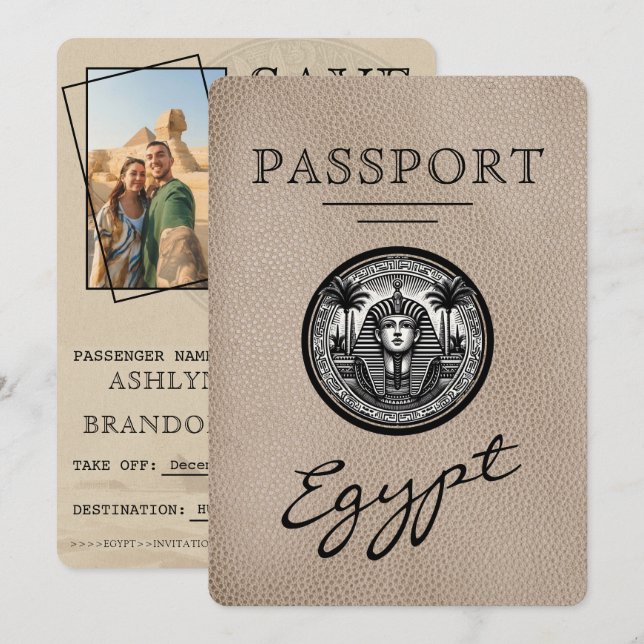 Beige Egypt Passport Wedding Save the Date (Devant / Derrière)