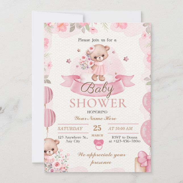 Beige et Brown Floral Baby Girl Shower Invitation (Devant)