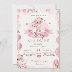 Beige et Brown Floral Baby Girl Shower Invitation