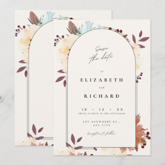 Beige Floral Élégant Enregistrer la date Carte Inv