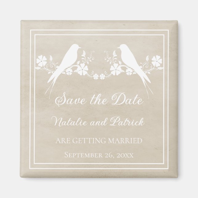 Beige Lovebird Floral Save the Date Magnet (Devant)