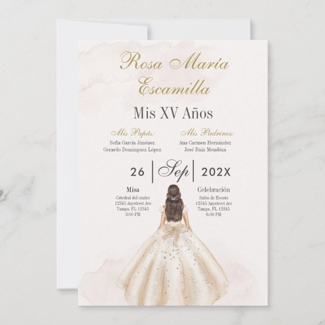 Beige minimalist Quinceañera invitation (Devant)