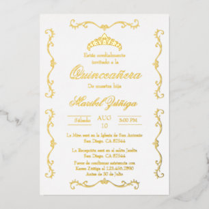 Beige or avec couronne Quinceanera invitation Foil