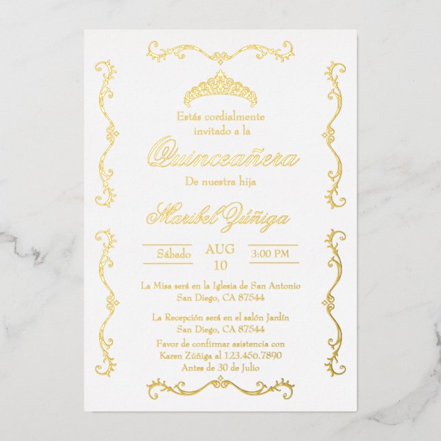 Beige or avec couronne Quinceanera invitation Foil (Recto)
