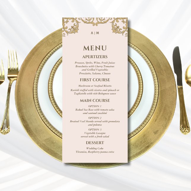 Beige Rose Orno Monogramme Baroque Menu Mariage (Créateur téléchargé)