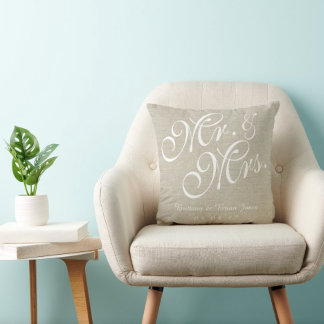 Beige White Linen M. et Mme la Mariage Coussin
