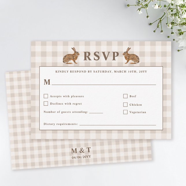 Beige Woodland Hare Bunnies Wedding RSVP Card (Créateur téléchargé)