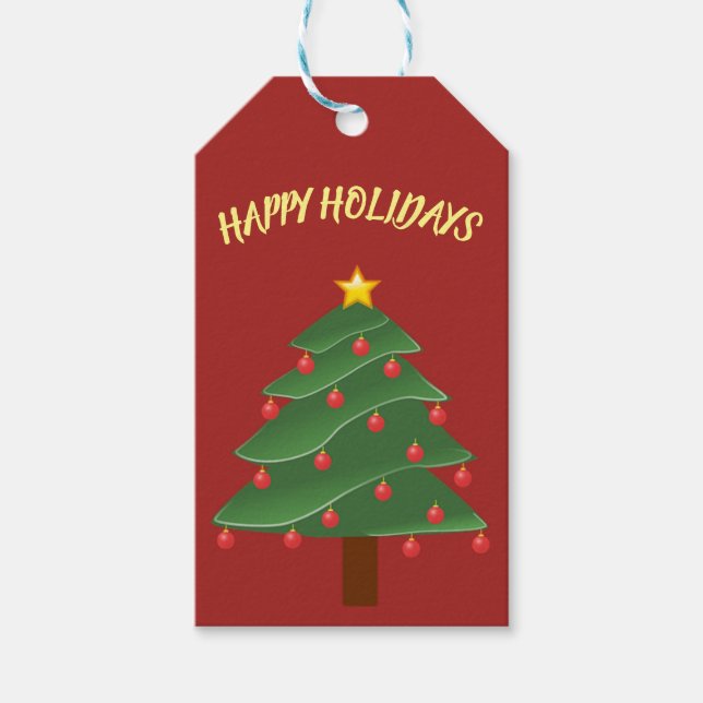 Bel arbre de Noël sur une étiquette de cadeau roug (Devant)