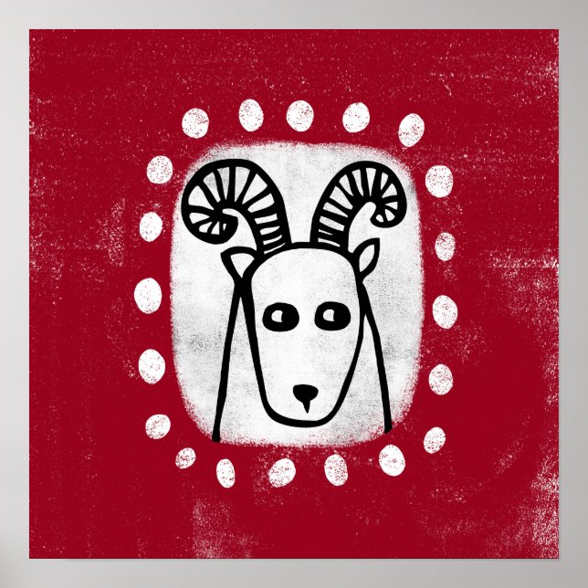 Bélier Mouton Drôle Sur Poster Rouge Mur Art (Devant)