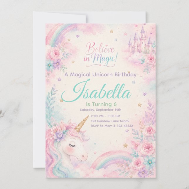 Believe In Magic Unicorn Invitation Editable (Devant)