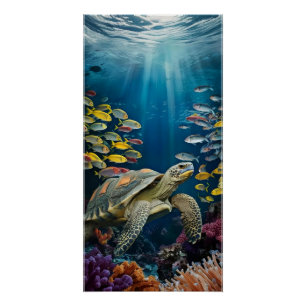 Belle affiche Tortue, Poisson et Plantes Marines