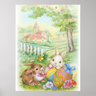 Belle affiche vintage de Pâques avec église