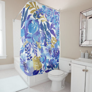 Belle Aquarelle Bleue Douche Florale Rideau