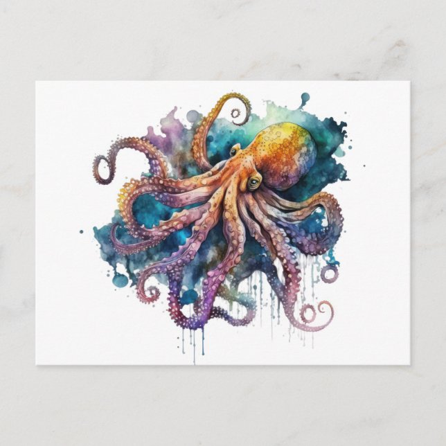 Belle aquarelle Octopus Carte postale (Devant)