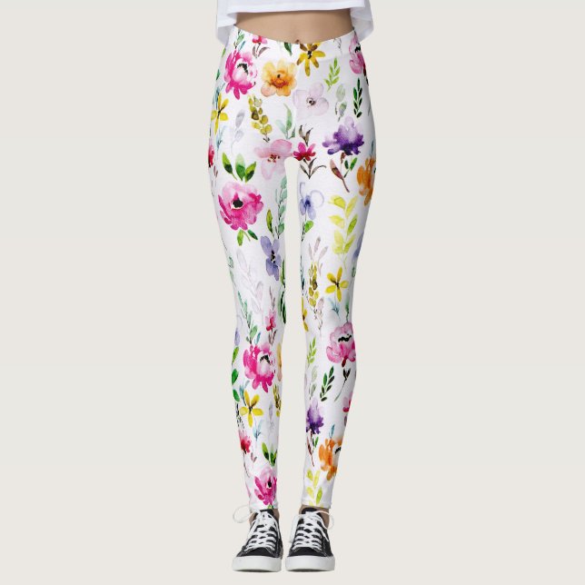 Belle aquarelle Pastel Leggings floraux (Devant)