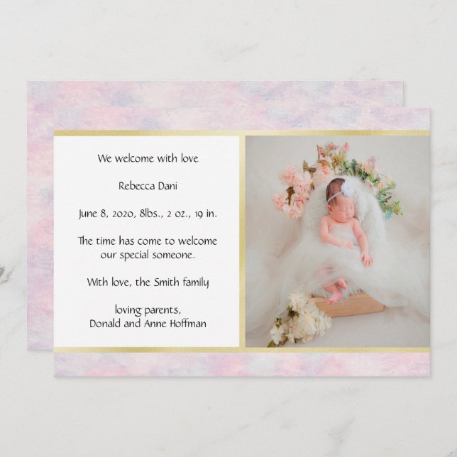 Belle aquarelle rose Faire-part de naissance (Devant / Derrière)