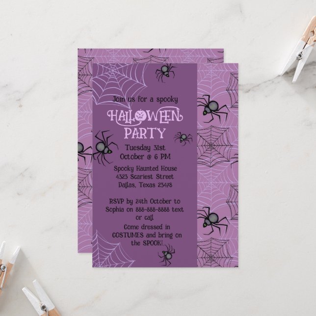 Belle Araignée Rose Halloween Invitation de fête (Devant/Arrière en situation)