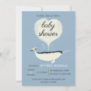 Belle Baleine Narwhal Baby shower Bleu Invitation
