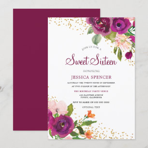 Belle Bourgogne rose Floral Sweet 16 Invitation