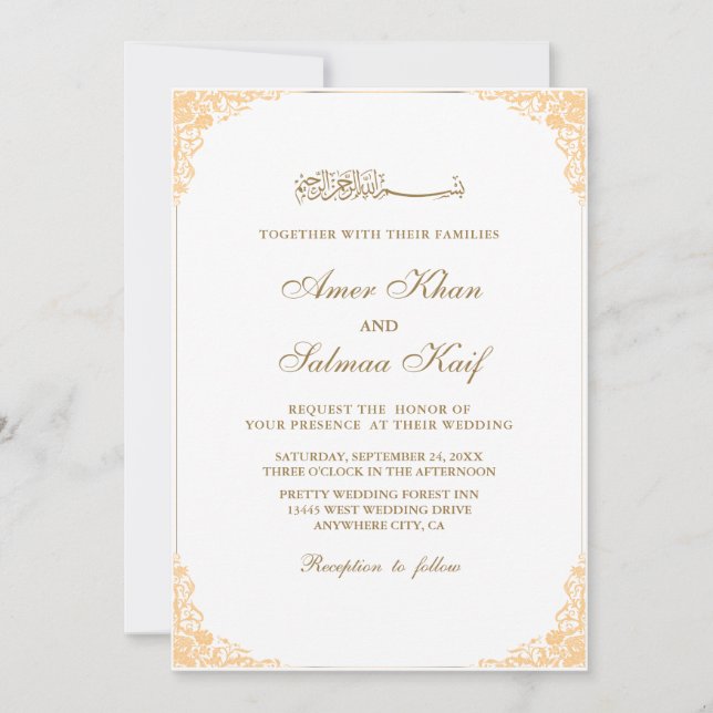 Belle cadre or mariage musulman Invitations (Devant)