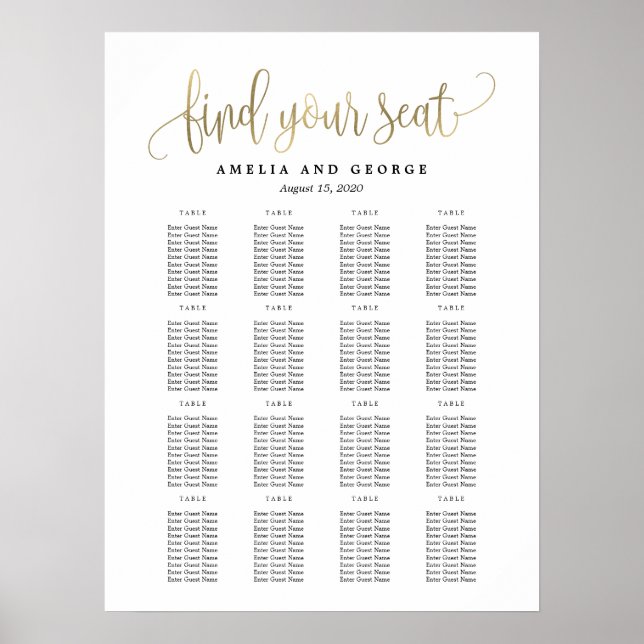 Belle Calligraphie Faux Gold Seing Chart Poster (Devant)