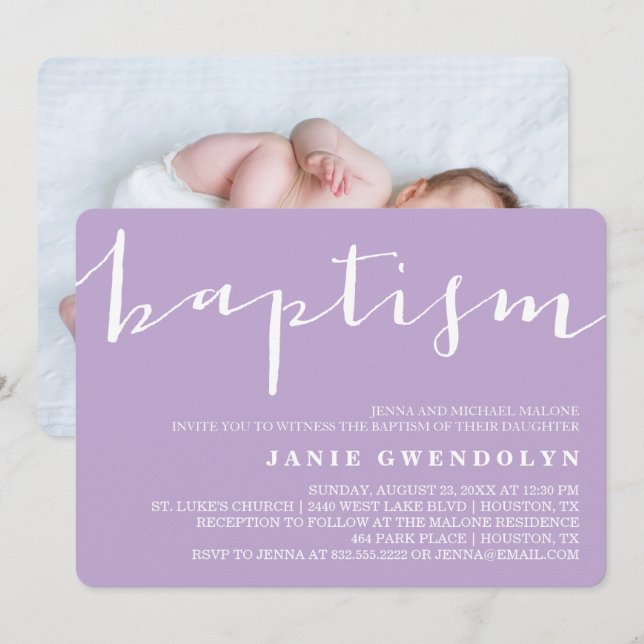 Belle Calligraphie Violet Baptême Invitation (Devant / Derrière)